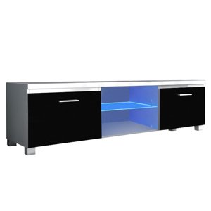 TV stolík s LED osvetlením LUGO 2 — 150x40x37, biela/čierna extra vysoký lesk HG